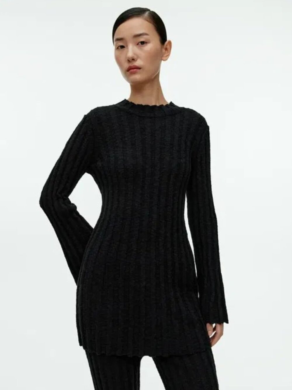 ARKET Ribbed Bouclé Longline Sweater Tunic Bell Sleeve Black M